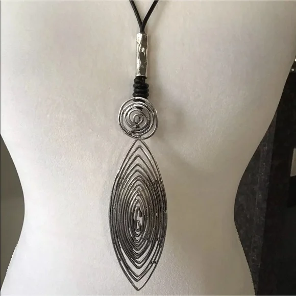 Tribal Shield Pendant Statement Necklace Silver Tone Wire 30” Black Wax Cord NEW - Picture 2 of 9